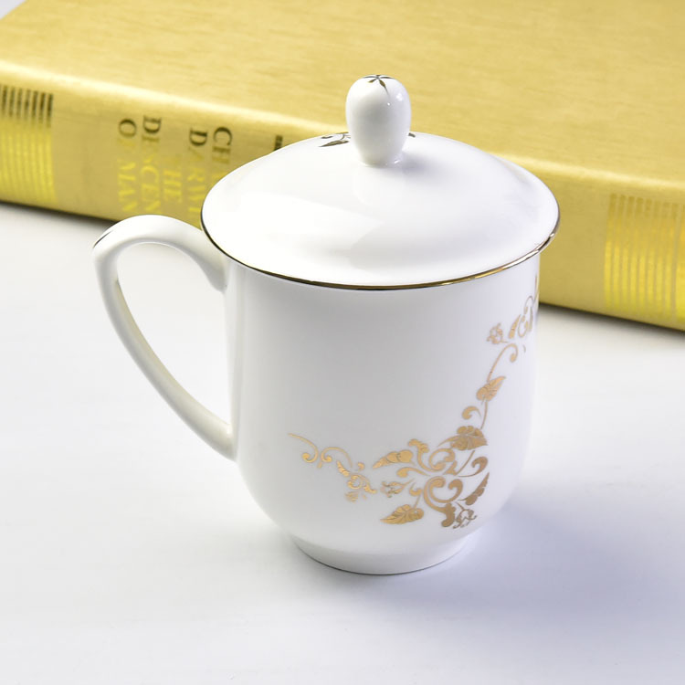 骨瓷会议杯 陶瓷金边带盖茶杯 办公水杯