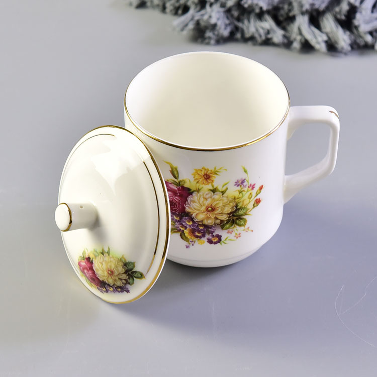 陶瓷水杯 骨瓷带盖会议杯 金边办公礼品茶杯